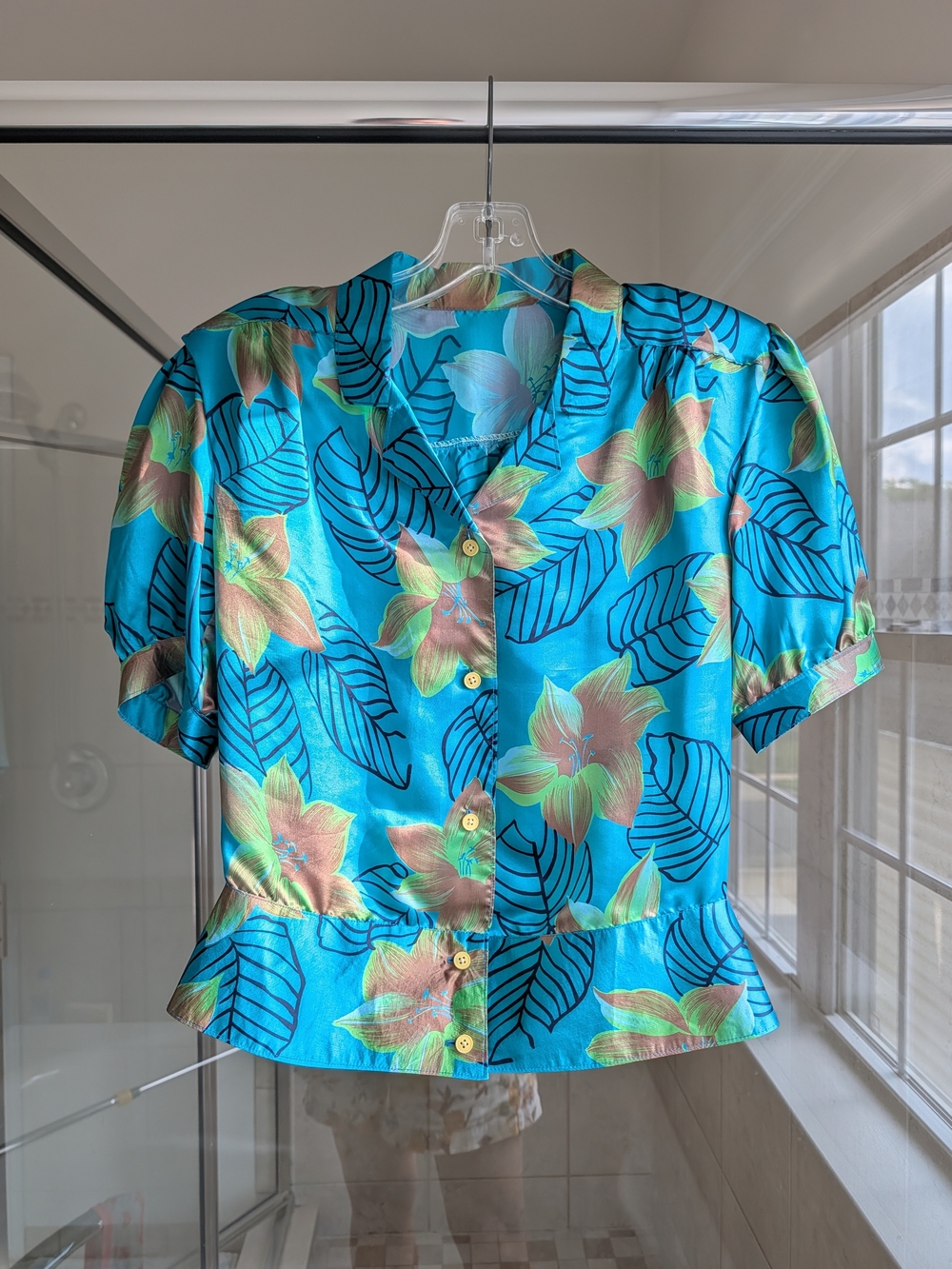 Floral Silk Button-Front Top And Skirt Set in Turquoise